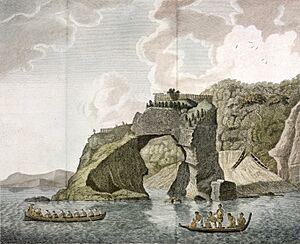 A fortified town or village called a hippah (Pā), built on a perforated rock, at Tolaga in New Zealand by Thomas Morris and Herman Diedrich Sporing, 1769