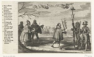 Allegorie op het afwijzen van de vredesvoorstellen gedaan door Peckius namens de Spaanse koning, 1621 Ao. 1621 Petri Peccy gedaen Vertooch (titel op object), RP-P-OB-80.971