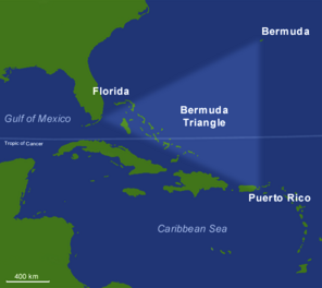 Map showing the Bermuda Triangle, with its three points located at Bermuda in the top right, Puerto Rico in the bottom right, and the southern coast of Florida on the left.