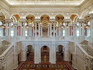 Great Hall, Library of Congress Thomas Jefferson Building, Washington, D.C. View of first and second floors, with Minerva mosaic in background. (LOC)