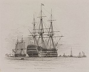 HMS Victory in Portsmouth Harbour with a coal ship alongside, 1828