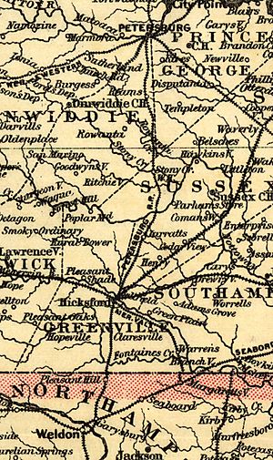 Map Showing the Norfolk - Wilmington and Charleston Railroad in 1891 Cropped to show the Petersburg Railraod