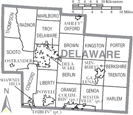 Map of Delaware County Ohio With Municipal and Township Labels