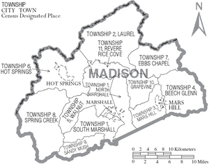 Map of Madison County North Carolina With Municipal and Township Labels