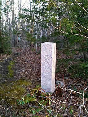 Massachusetts-Connecticut border marker on northern border of Tunxis State Forest in Hartland (near northern end of Pell Road.jpg