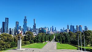 Melbourne CBD and Ceremonial Avenue (in 2024) as seen from the rooftop of Shrine of Remembrance