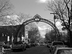 Wooster Street archway decorated with an Cherry Blossom tree, a symbol of New Haven