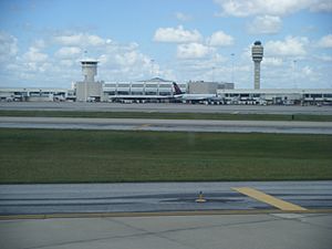 Orlando International Airport terminal from arriving airplane