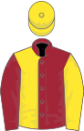 Maroon and yellow (halved), sleeves reversed, yellow cap