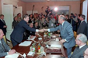President Ronald Reagan at a plenary meeting with Soviet General Secretary Mikhail Gorbachev
