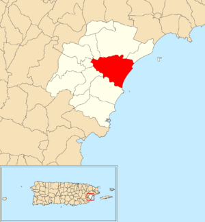 Location of Río Abajo within the municipality of Humacao shown in red