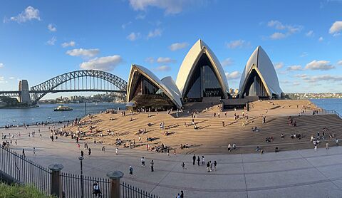 Sydney Opera House steps and Harbour Bridge pano