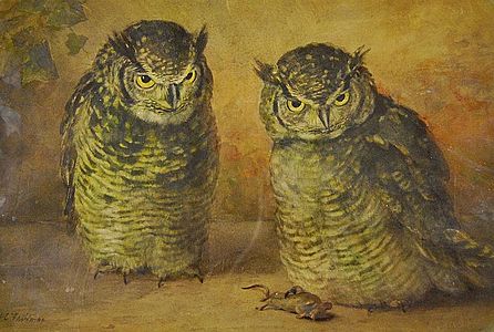 Two owls with a mouse by Frances C. Fairman