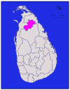 Area map of Vavuniya District, located in the middle of the northern half of the country, running roughly in a south west—north east direction, in the Northern Province of Sri Lanka