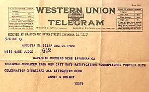 Western Union telegram to Jane Judge of Georgia from Annie G. Wright on passage of Nineteenth Amendment, August 26, 1920