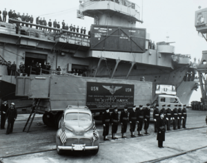 Wright Bros original airplane "Kitty Hawk", 1of3 crates, unloaded from USS Palau at Bayonne-NY Naval Shipyard annex on Operation Homecoming, London to DC, Nov 19, 1948
