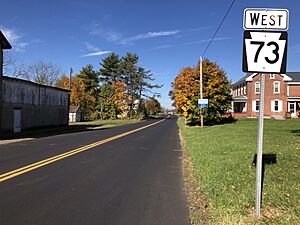 2022-10-30 11 25 58 View west along Pennsylvania State Route 73 (Big Road) just west of Hoffmansville Road, New Hanover Square Road and Renninger Road in New Hanover Township, Montgomery County, Pennsylvania