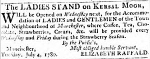 Advert for Elizabeth Raffald, Manchester Mercury, 1780