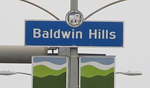 Baldwin Hills signage located at the intersection of La Brea Avenue and Stocker Street
