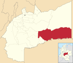Location of the municipality and town of Mapiripán in the Meta Department of Colombia.