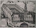 Engraving depicting the Amsterdam Stock Exchange, built by Hendrik de Keyser c. 1612