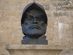 A bust of Francisco de Orellana with a patch over his left eye
