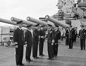 HM King George VI greeting the Flag Officers of the Home Fleet on board the flagship HMS DUKE OF YORK at Scapa Flow, 16 August 1943. A18577