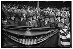 Harry New (Postmaster General), Dr. Chas. Sawyer (President's physician), Albert Lasker, Jacob Ruppert & Pres. Warren Harding at Yankee Stadium, 4-24-23 (baseball) LCCN2014715989