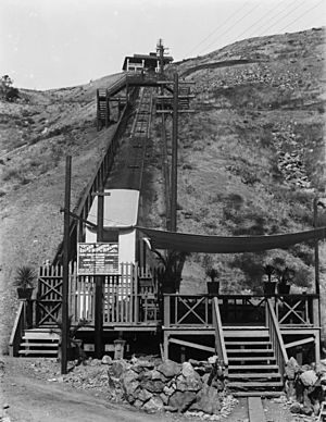Island Mountain Railway on Santa Catalina Island, an incline cable railway on the side of a hill, 1910 (CHS-2795)