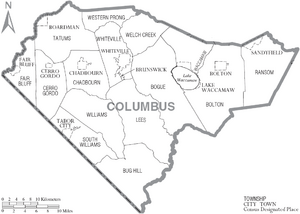 Map of Columbus County North Carolina With Municipal and Township Labels