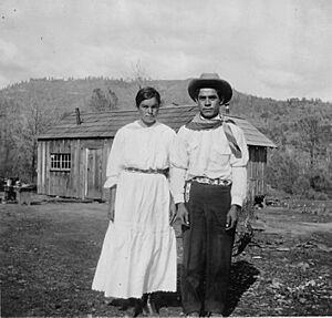 Photograph with text of a Mono couple living near Northfork, California. This is from a survey report of Fresno and... - NARA - 296289 (cropped)