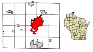 Location of Janesville in Rock County, Wisconsin.
