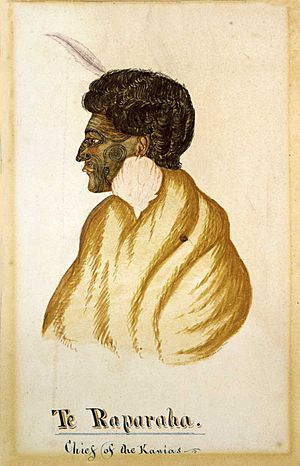Te Raparaha, chief of the Kawias, watercolour by R. Hall, c. 1840s.jpg