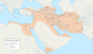 A map centred on West Asia, with the territories controlled by the Sassanian Empire colored light brown. All of modern day Iran, Armenia, Azerbaijan, Syria, Iraq, Israel, Palestine; southern Yemen, northern Arabia and Egypt along with a bulge through Turkey are colored light brown