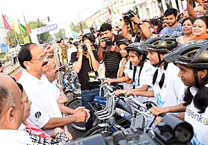 The Vice President, Shri M. Venkaiah Naidu interacting with the students participating in the Bicycle Rally, on the occasion of World Bicycle Day 2018, in New Delhi