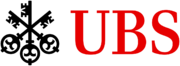 Three black keys together on the left of red letters 'UBS'.