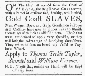 Vernon Slave Advertisement, Newport Mercury, Newport, RI, 1763