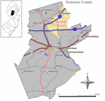 Map of Bernards Township in Somerset County. Inset: location of Somerset County highlighted in the state of New Jersey.