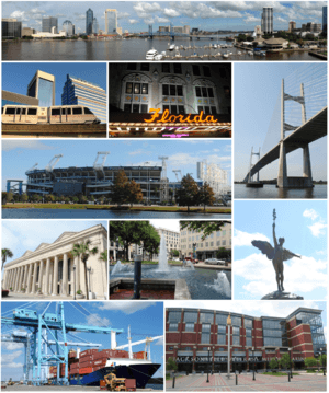 Top, left to right: Downtown Jacksonville, Riverplace Tower, statue in Memorial Park, Jacksonville Skyway, Florida Theatre, Prime F. Osborn III Convention Center, Hemming Park