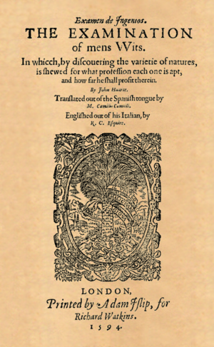 Juan Huarte de San Juan (1594) The examination of mens wits