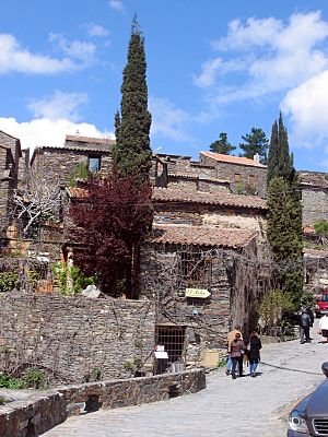 General view of the ancient village (Patones Arriba) with its characteristic slate pavements and buildings
