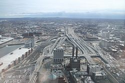 Overlooking South Bay Interchange toward the south-southwest from One Financial Center in Boston.