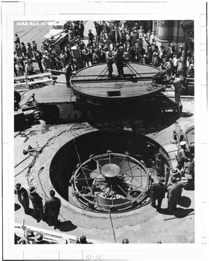 TURNTABLE RECONSTRUCTION - POWELL and MARKET- Photocopy of May 1950 photograph showing preparations for lowering a new deck onto the spider of the reconstructed Powell and HAER CAL,38-SANFRA,137-18