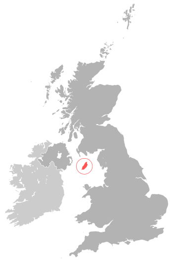 Location of  Isle of Man  (red)in the Irish Sea (Manx Sea) between England · Scotland · Wales and Northern Ireland  (dark grey)