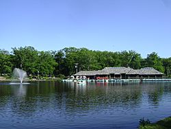 The Verona Park Boathouse, viewed from the north-west shore of Verona Park Lake