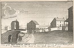 View of the triumphal arch and the manner of receiving General Washington at Trenton, on his route to New-York, April 21st 1789 (NYPL) (cropped)
