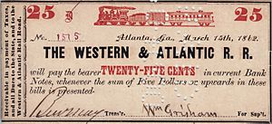 Western & Atlantic Railroad 25¢ bearer certificate 1862