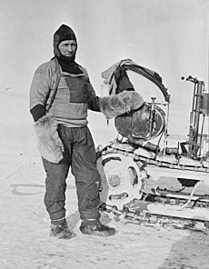 William Lashly standing by a Wolseley motor sleigh during the British Antarctic Expedition of 1911-1913, November 1911 (4078338073)