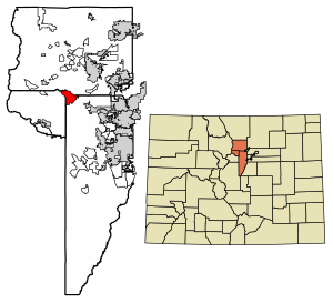 Location of the Coal Creek CDP in Jefferson, Boulder, and Gilpin counties, Colorado.