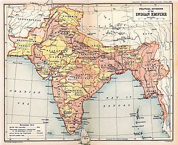 1909 Map of the British Indian Empire, showing British India in two shades of pink and the princely states in yellow.